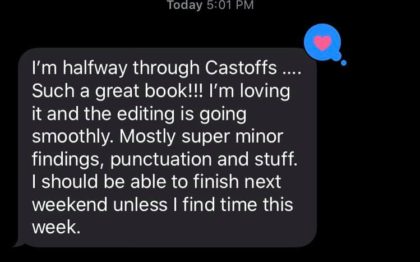 Grammar in Writing - Text message from editor saying how much she loved the book and how little grammar edits there are.